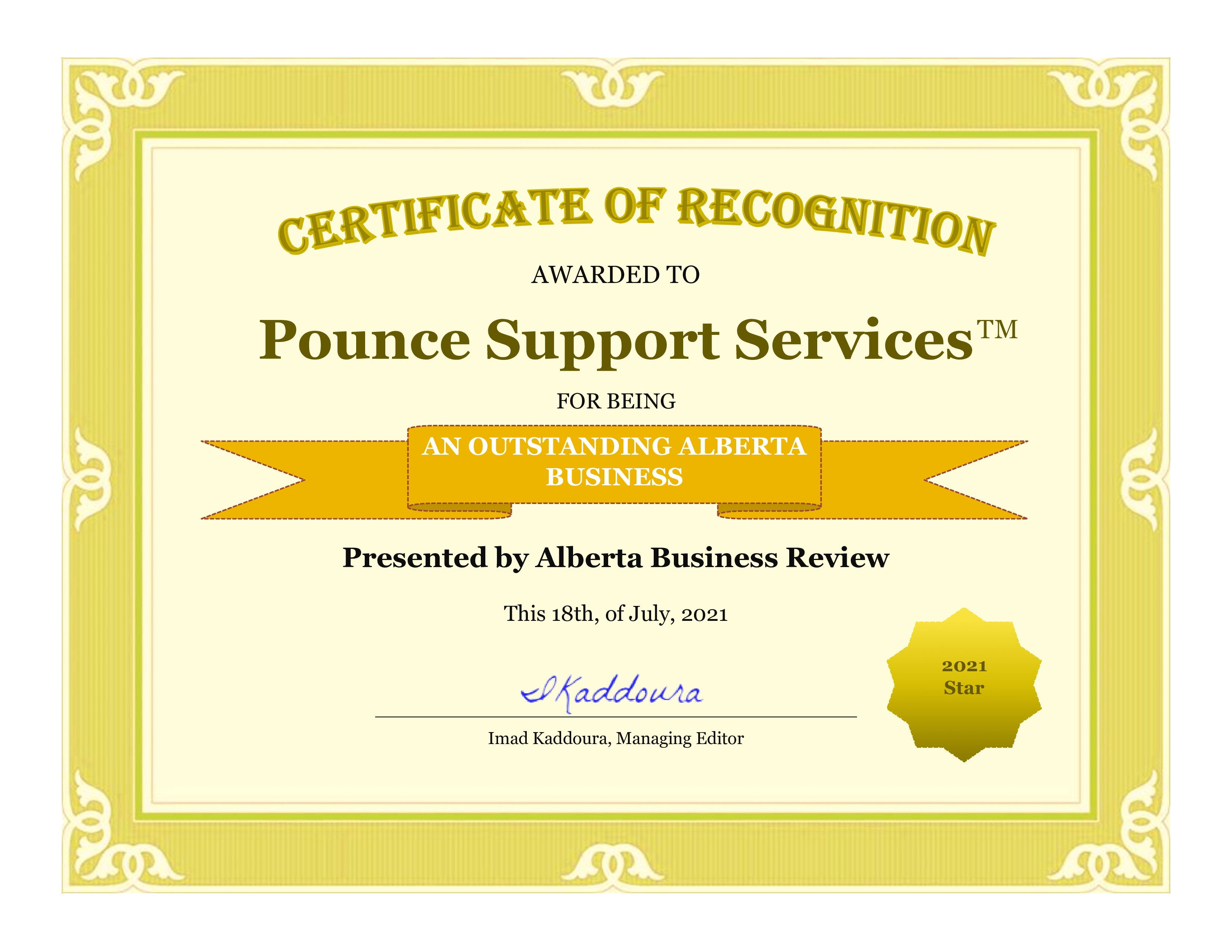 Certificate of Recognition Pounce Support Services TM